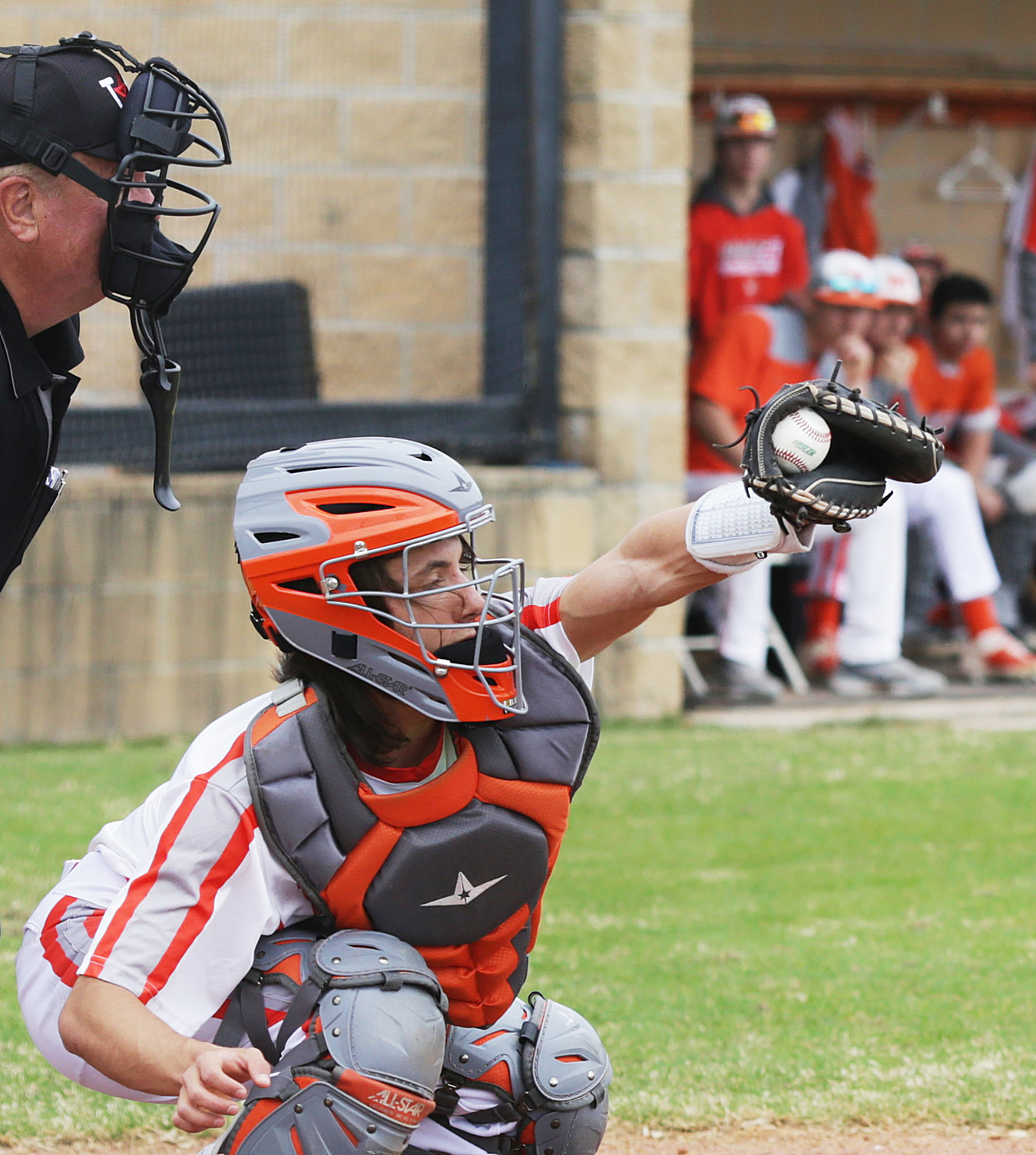 Mineola’s Riley Fowler put in six innings behind the plate last Monday against Cooper.